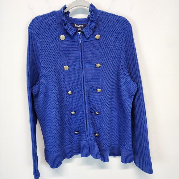 Roamans Gold Button Cardigan Size L 18/20 Ruffle Hem Neck Nautical Coastal Blue - Picture 2 of 11